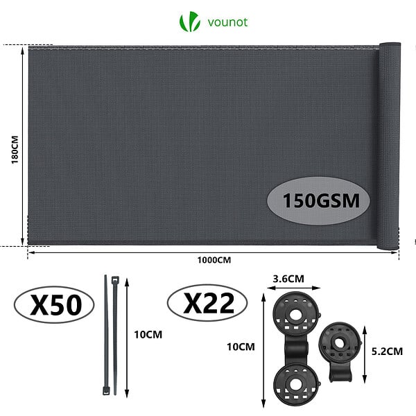 VOUNOT - Brise vue occultant en HDPE 150g/m² 1.8x10m avec attaches de fixation anthracite - large
