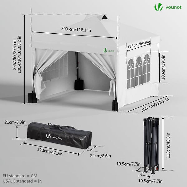 VOUNOT - Tonnelle de Jardin 3x3m POP UP installation facile avec portes et fenetres Blanc - large