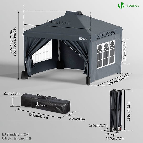VOUNOT - Tonnelle de Jardin 3x3m POP UP installation facile avec portes et fenetres Gris - large