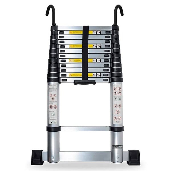 SECURY-T - Echelle télescopique aluminium 13 marches H 3,8M avec crochets démontables et barre stabilisatrice - large