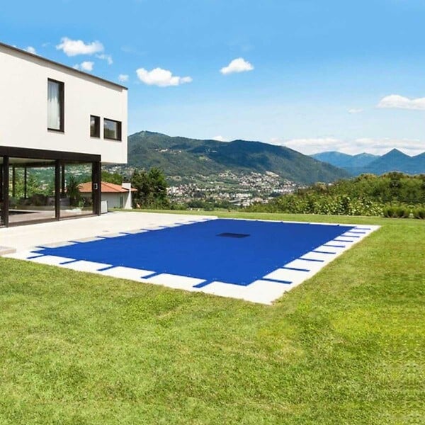 TECPLAST - Bâche piscine rectangulaire 6 x 10m Bleue marine avec filet d'écoulement résistance 140g/m2 - large