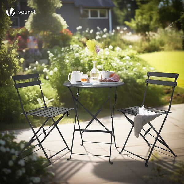 VOUNOT - Ensemble bistro extérieur 1 table 2 chaises acier gris - large