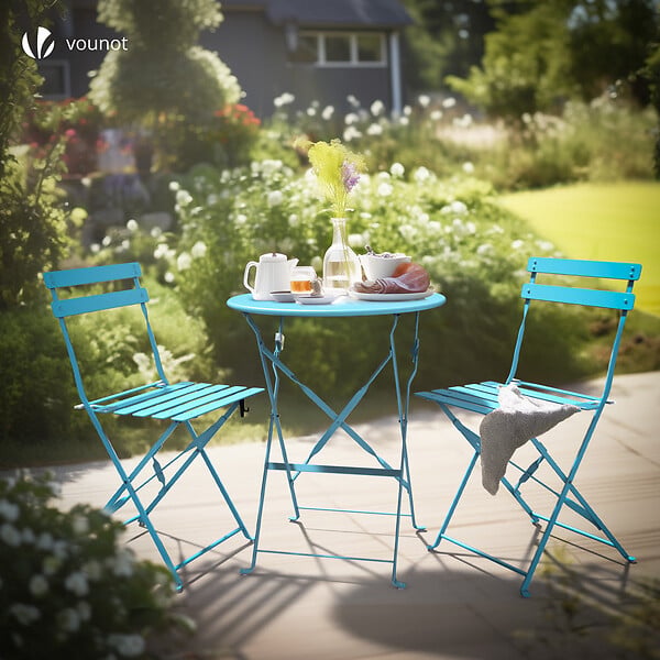 VOUNOT - Ensemble bistro extérieur 1 table 2 chaises acier bleu - large