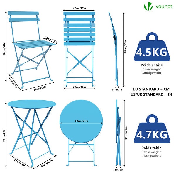 VOUNOT - Ensemble bistro extérieur 1 table 2 chaises acier bleu - large