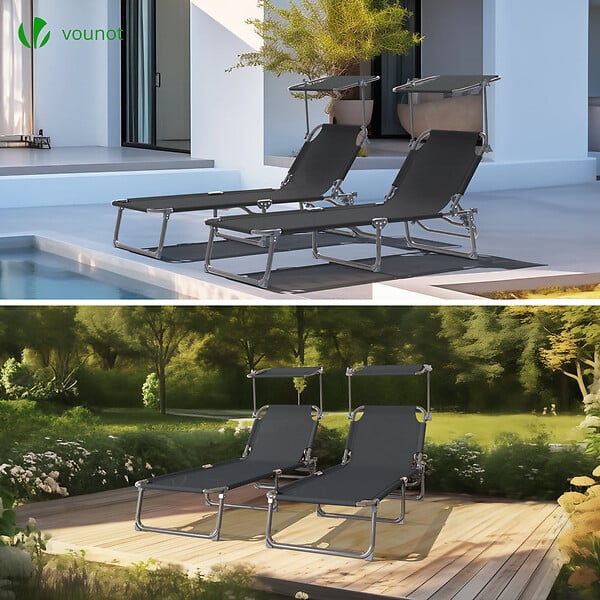 VOUNOT - Transat pare soleil Textilene et range magazine Lot de 2 pcs Noir - large