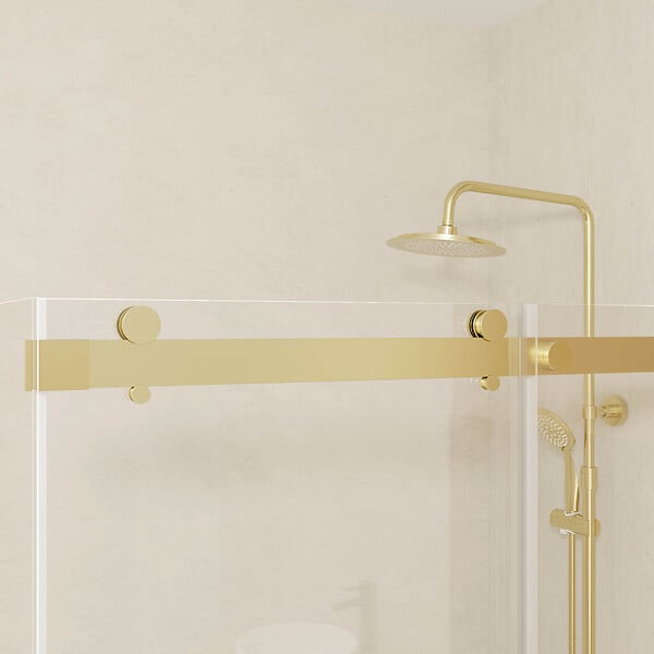 AURLANE - Porte de Douche Coulissante Type Industriel 140x200 cm - Finition Or Doré Brossé - Verre Trempé 6 mm - large