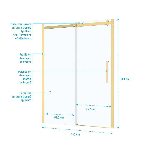 AURLANE - Porte de Douche Coulissante Type Industriel 140x200 cm - Finition Or Doré Brossé - Verre Trempé 6 mm - large