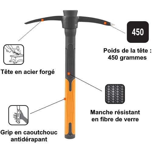 GT GARDEN - Petite pioche avec manche en fibre de verre - 450 grammes - large
