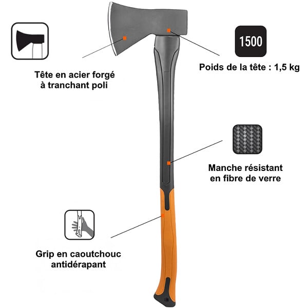 GT GARDEN - Lot de 2 haches avec manche en fibre de verre : hache + hachette - large
