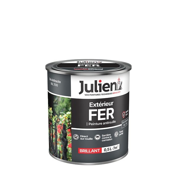 JULIEN - Peinture antirouille fer extérieur - Gris Anthracite - 0,5L - large