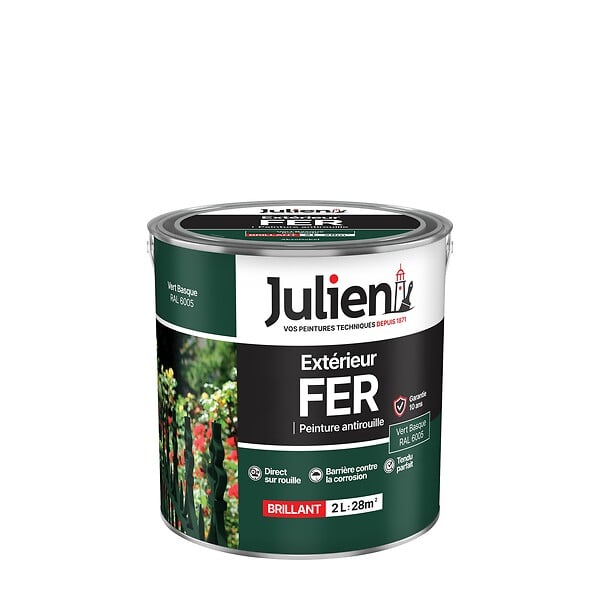 JULIEN - Peinture antirouille fer extérieur - Vert Basque brillant 2L - large