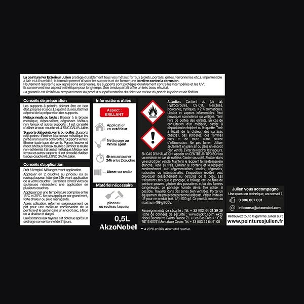 JULIEN - Peinture antirouille extérieure - Fer - Brillant Noir 0,5L - large