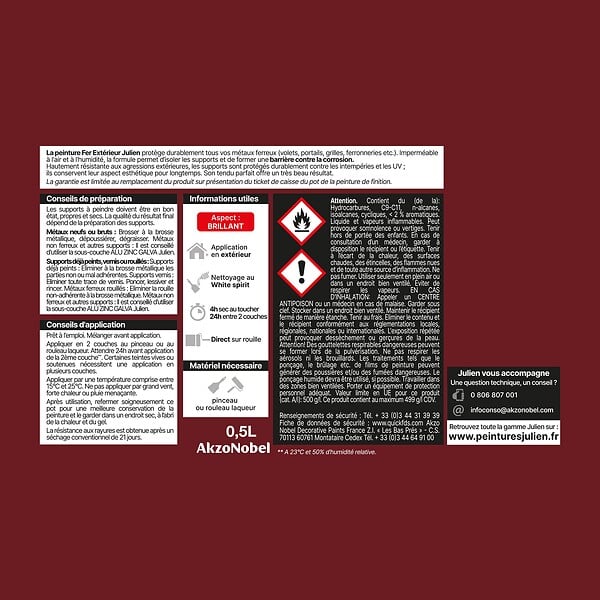 JULIEN - Peinture antirouille extérieure Brillant - Rouge Basque 0,5L - large