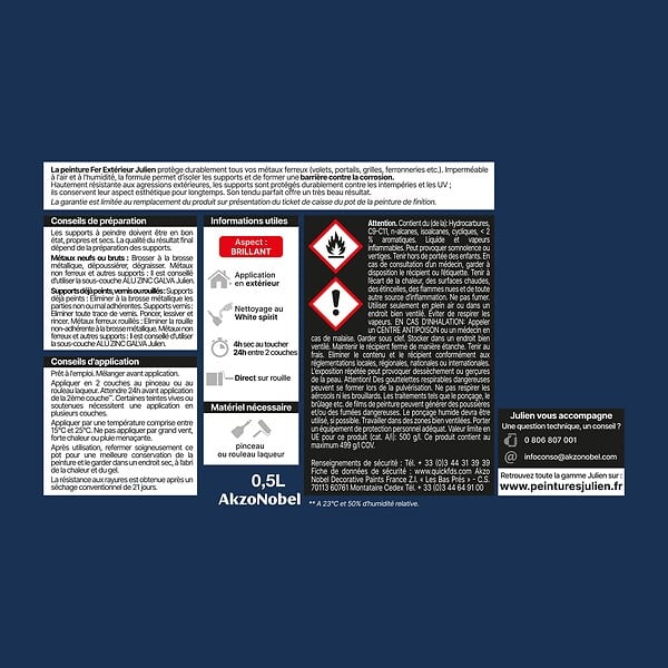 JULIEN - Peinture antirouille fer - Brillant Bleu Cobalt - 0.5L - large