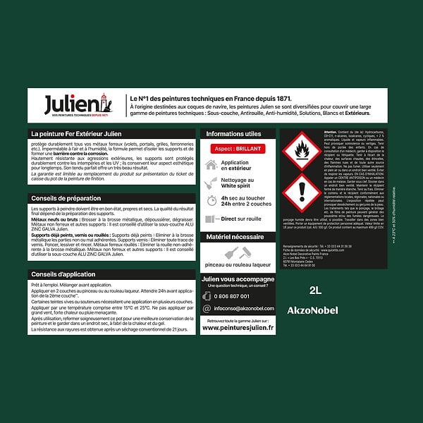 JULIEN - Peinture antirouille fer extérieur - Vert Basque brillant 2L - large