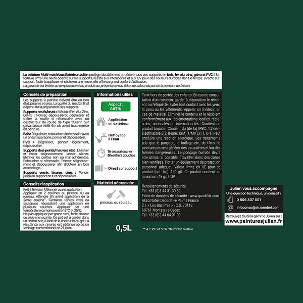 JULIEN - Peinture extérieure multi-matériaux Satin - Vert Basque 0.5L - large