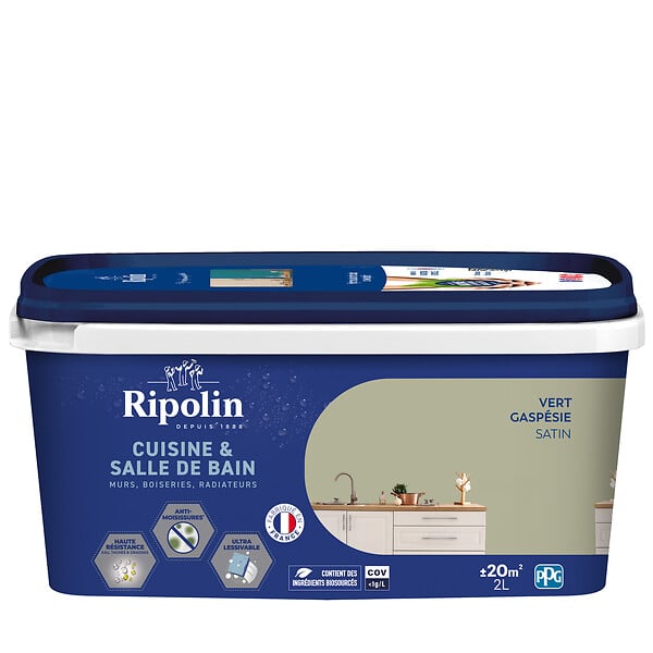 RIPOLIN - Peinture satinée cuisine et bain 2L Vert Gaspésie - large