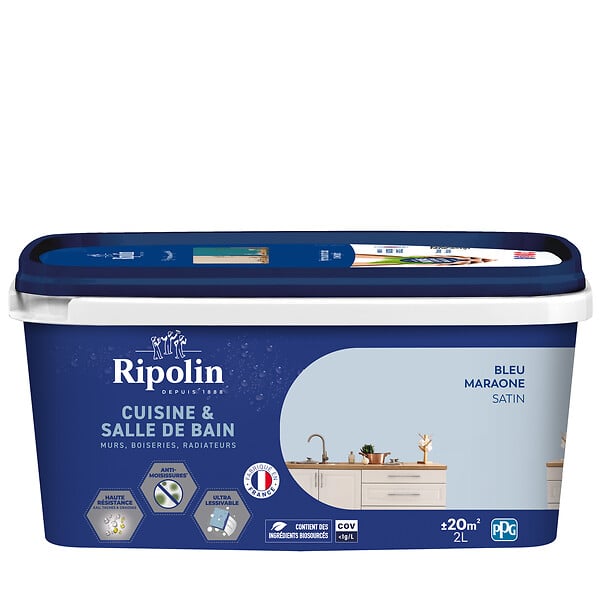 RIPOLIN - Peinture cuisine et bain satinée - Bleu Maraone - 2L - large