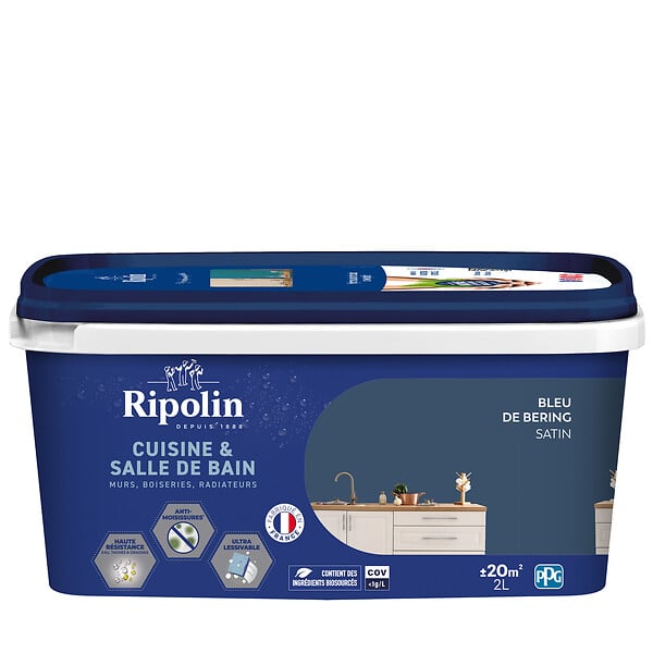 RIPOLIN - Peinture murale satinée Cuisine et Bain Bleu de Bering 2L - large