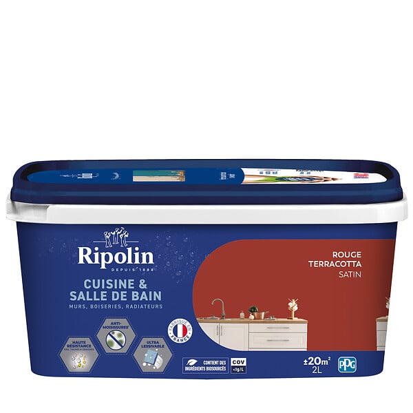 RIPOLIN - Peinture Cuisine et Bain satinée - Rouge Terracotta - 2 L - large
