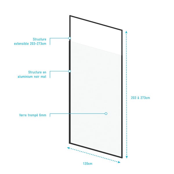 AURLANE - Paroi de douche 120x203cm à structure noir mat extensible 203cm à 273cm STRETCHY - large