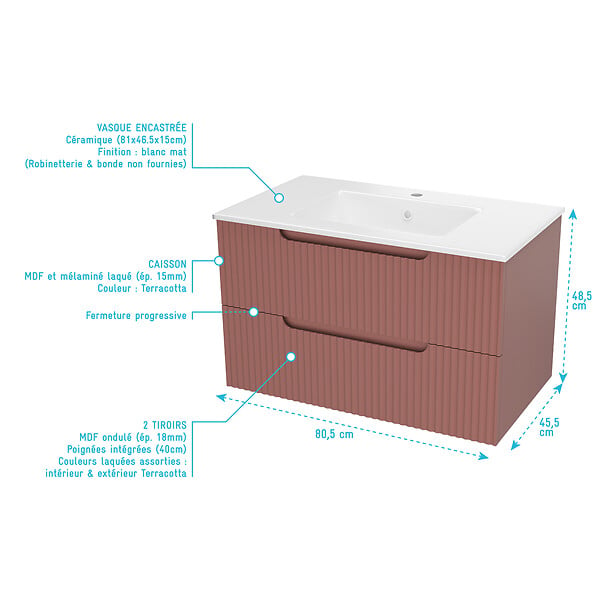 AURLANE - Meuble de Salle de Bains LEON 80cm Terracotta - 2 Tiroirs en MDF Ondulés - Vasque à encastrer - large