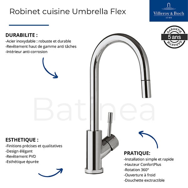 VILLEROY ET BOCH - Evier  Subway Pure 60 égouttoir à droite vidage auto + Robinet de cuisine Umbrella Flex Bronze - large