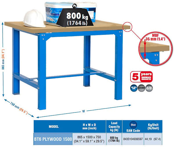 SIMON RACK - Simon Rack - Kit Etabli 865x1500x750mm charge 800 Kg Bleu/Bois - BT6 -1500 SIMONRACK - large