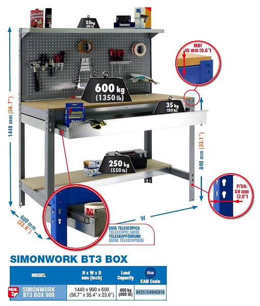 SIMON RACK - SimonRack - Kit Etabli 1440x900x600mm Charge 400Kg -  SIMONWORK BT3 BOX 900 BLEU/BOIS SIMONRACK - large