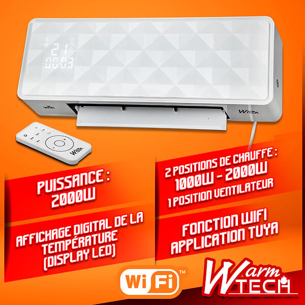 WARM TECH - Radiateur soufflant céramique mural 2000W avec télécommande et connexion Wifi - Warm tech - large