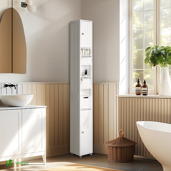VOUNOT - Meuble rangement salle de bain Haut colonne 180x20x20cm MDF blanc - large