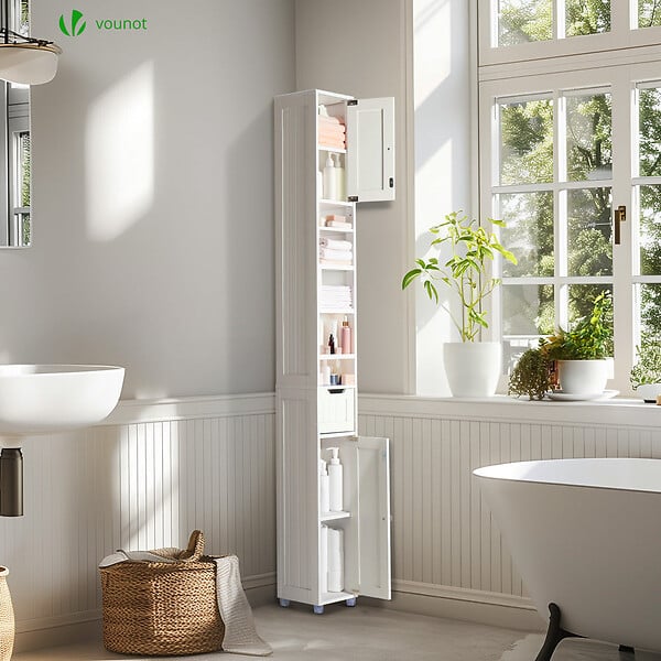 VOUNOT - Meuble rangement salle de bain Haut colonne 180x20x20cm MDF blanc - large