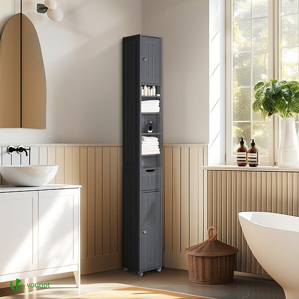 VOUNOT - Meuble rangement salle de bain Haut colonne 180x20x20cm MDF noir - large