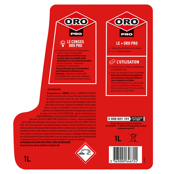ORO PRO - Déboucheur liquide suractif - 1L - 24% soude caustique - large