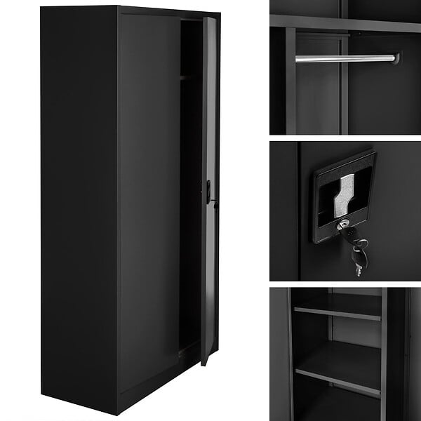 TECTAKE - Vestiaire métallique comprenant 6 casiers et 1 penderie intégrée noir - large