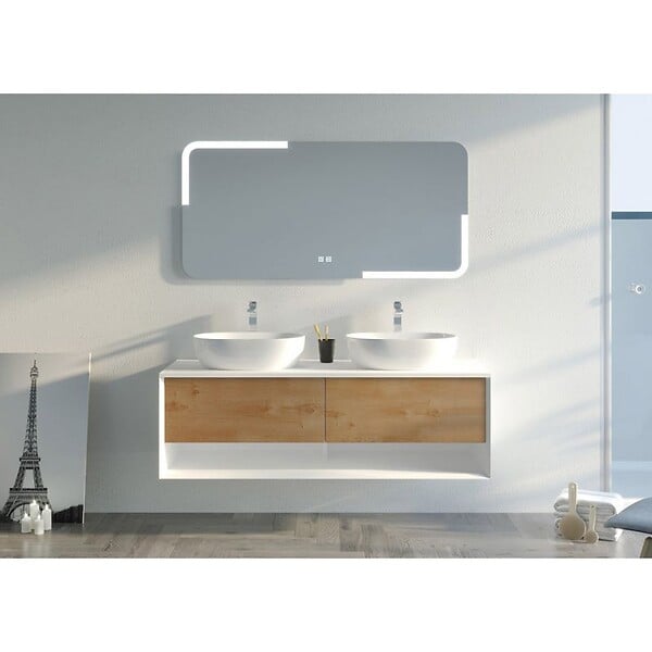 DISTRIBAIN - Meuble de salle de bain SANZA 1400 Blanc et Bois Naturel - large