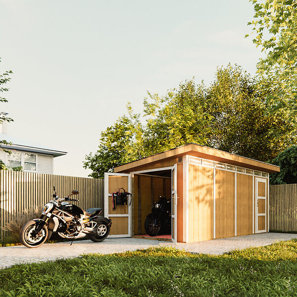 TIMBELA - Abri de Jardin Qualité Premium 8.52+2.95 m² - Kit tout compris avec sol, tuiles bitumineuses, set de peinture-Construction de Panneaux LP Smartside- Cabane de Jardin Timbela M905C REDWOOD RED - large