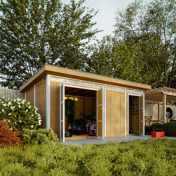 TIMBELA - Abri de Jardin Qualité Premium 8.52+2.95 m² - Kit tout compris avec sol, tuiles bitumineuses, set de peinture-Construction de Panneaux LP Smartside- Cabane de Jardin Timbela M905C CAVERN STEEL - large