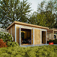 TIMBELA - Abri de Jardin Qualité Premium 8.52+2.95 m² - Kit tout compris avec sol, tuiles bitumineuses, set de peinture-Construction de Panneaux LP Smartside- Cabane de Jardin Timbela M905C CAVERN STEEL - vignette