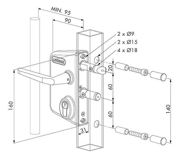 LOCINOX - Serrure applique pour portail LAKQ30U2L pour profil de 30 à  50mm - LOCINOX - LAKQ30U2LZILVVSZMZM - large
