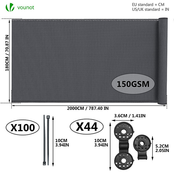 VOUNOT - Brise vue occultant en HDPE 150g/m² 1.8x20m avec attaches de fixation anthracite - large