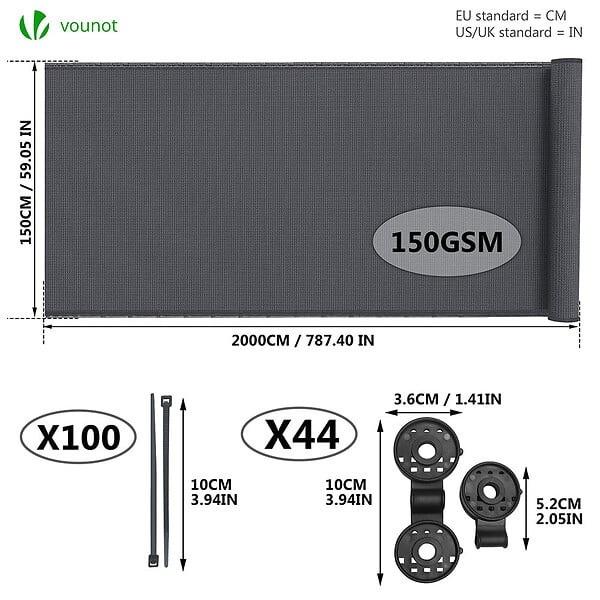 VOUNOT - Brise vue occultant en HDPE 150g/m² 1.5x20m avec attaches de fixation anthracite - large