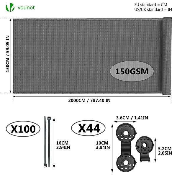 VOUNOT - Brise vue occultant en HDPE 150g/m² 1.5x20m avec attaches de fixation gris - large