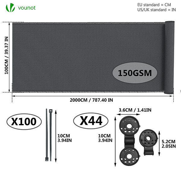 VOUNOT - Brise vue occultant en HDPE 150g/m² 1x20m avec attaches de fixation anthracite - large