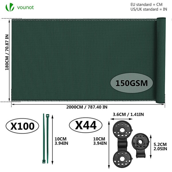 VOUNOT - Brise vue occultant en HDPE 150g/m² 1.8x20m avec attaches de fixation vert - large