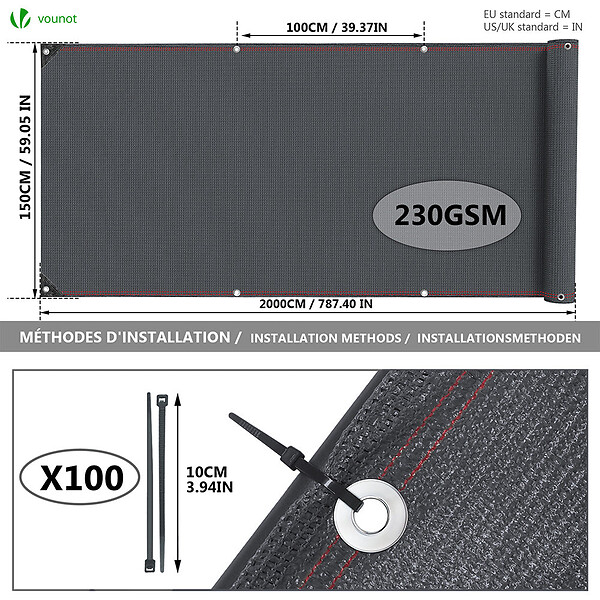 VOUNOT - Brise vue occultant en HDPE 230g/m² 1.5x20m avec attaches de fixation anthracite - large