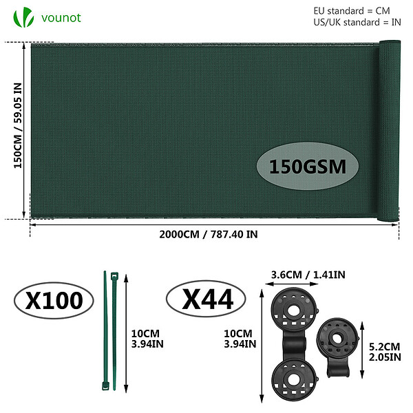 VOUNOT - Brise vue occultant en HDPE 150g/m² 1.5x20m avec attaches de fixation vert - large