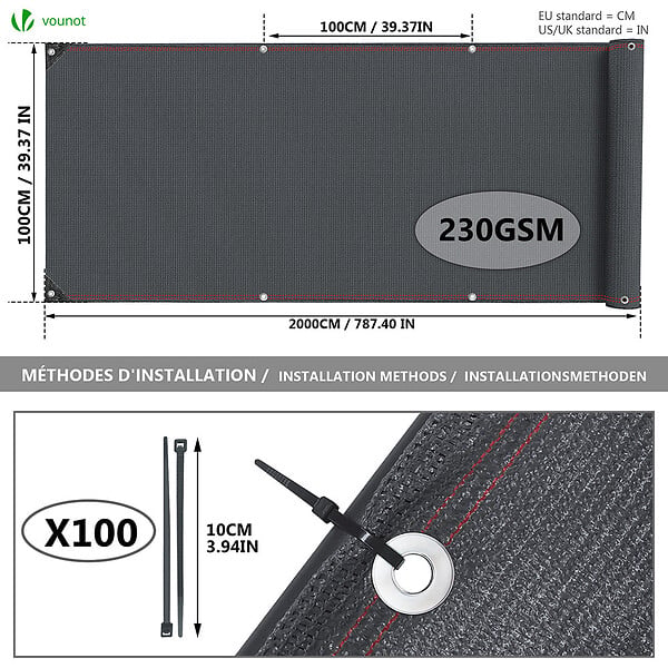 VOUNOT - Brise vue occultant en HDPE 230g/m² 1x20m avec attaches de fixation anthracite - large