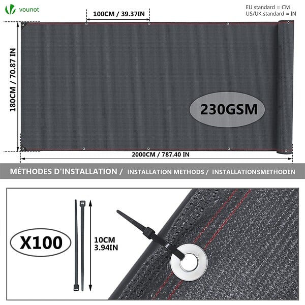 VOUNOT - Brise vue occultant en HDPE 230g/m² 1.8x20m avec attaches de fixation anthracite - large