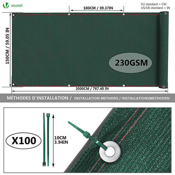VOUNOT - Brise vue occultant en HDPE 230g/m² 1.5x20m avec attaches de fixation vert - large